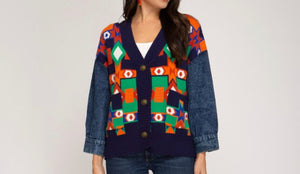 Aztec Denim Sweater Jacket-Sweater-TJS Beautique